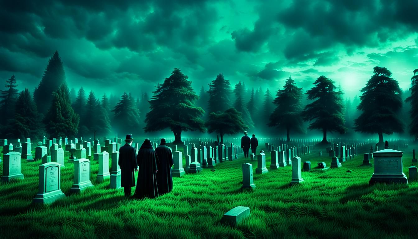 Dramatic Graveyard Funeral with Mourners in Cinematic Style