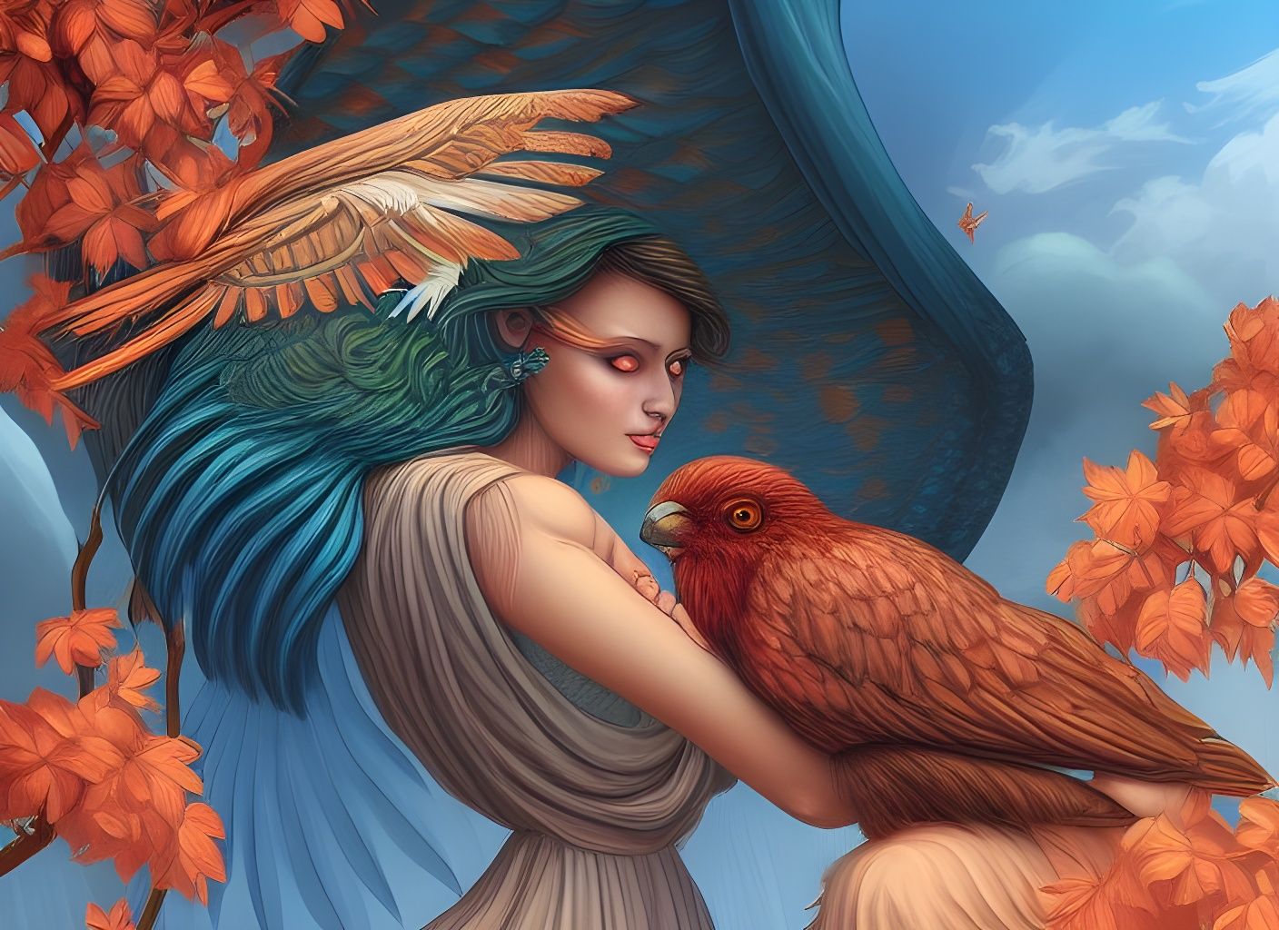 Bird Woman Hybrid in Tarot Card Style