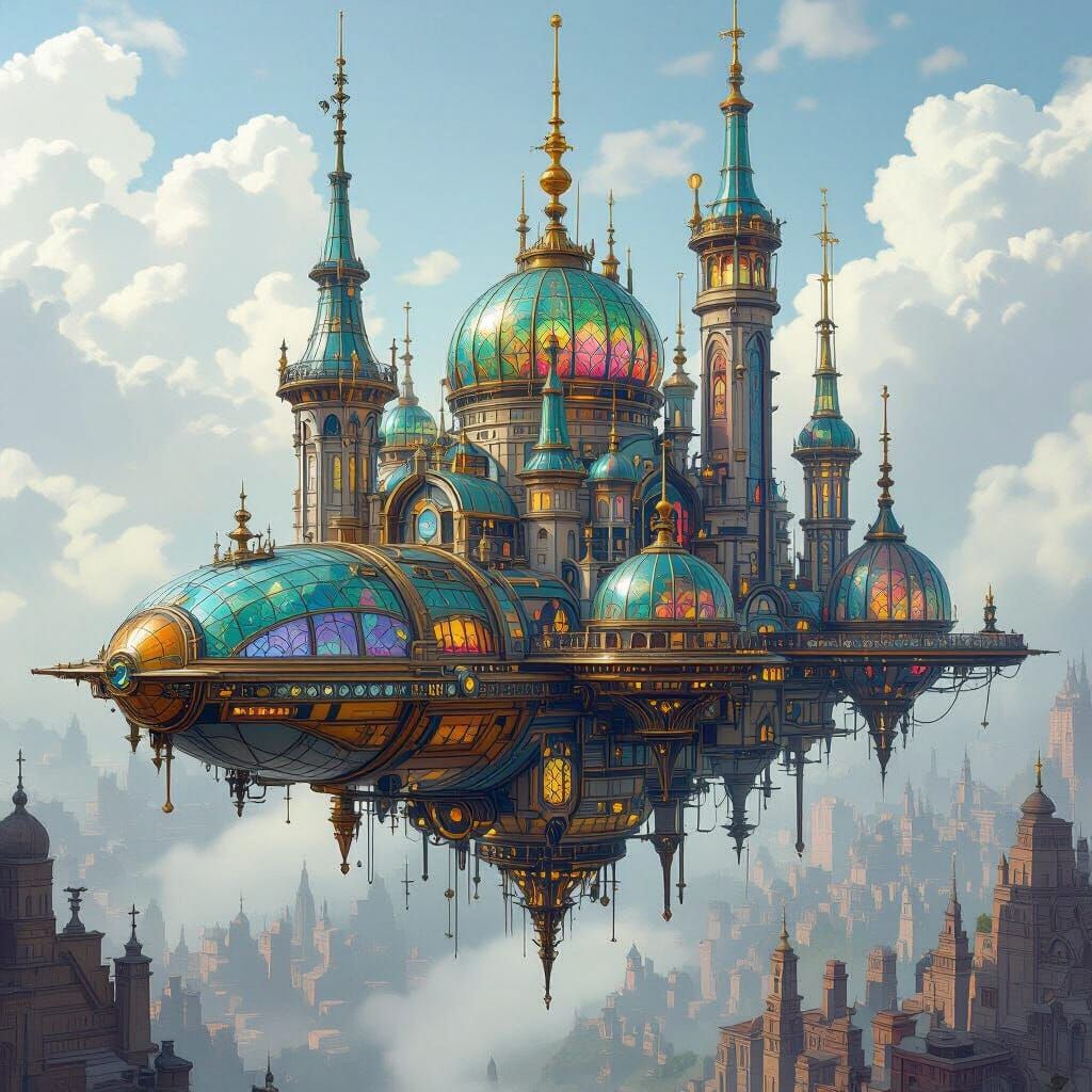 Steampunk Flying City with Stained Glass Domes