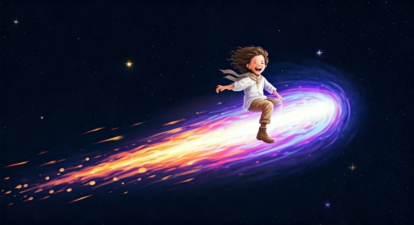 Boy Rides a Comet Through Starry Night Sky