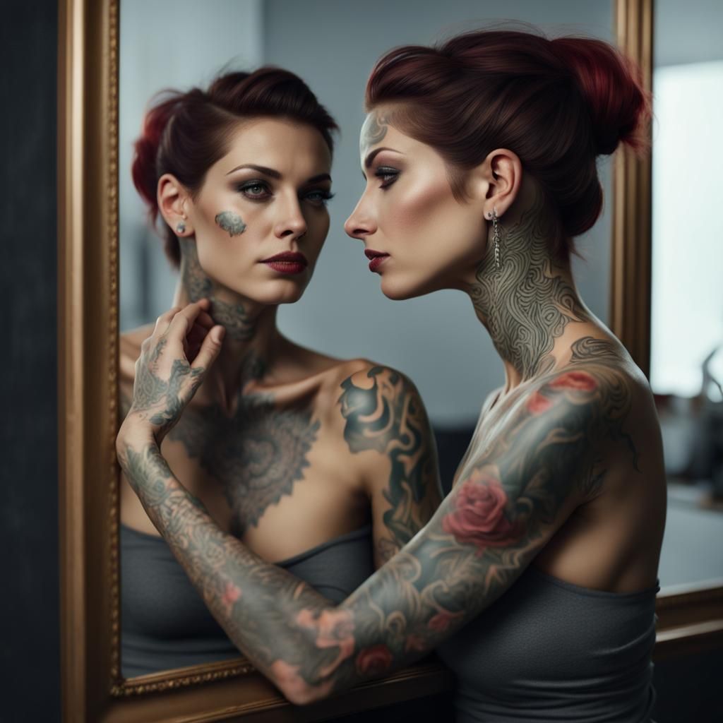 Tattooed Woman's Reflection: Detailed Matte Painting