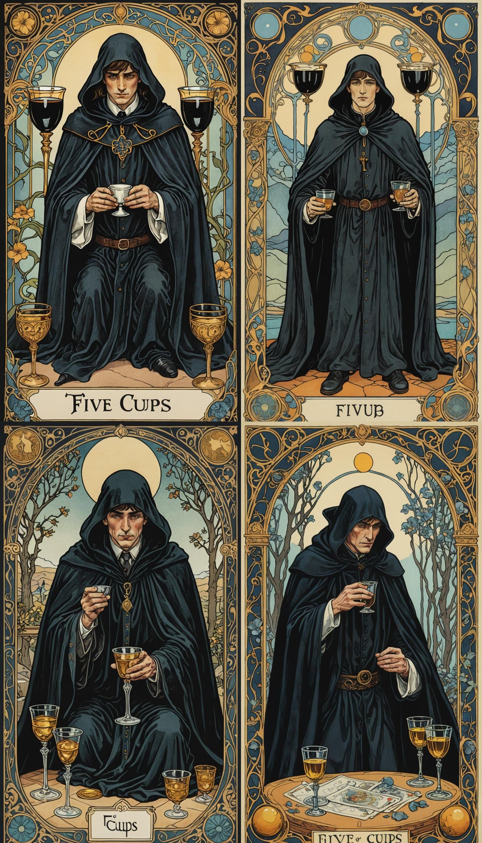 Five of Cups Tarot in Art Nouveau Style