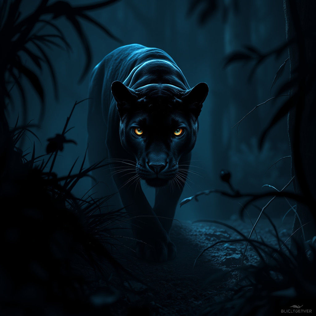 Mysterious Dark Panther Prowling in a Shadowy Forest