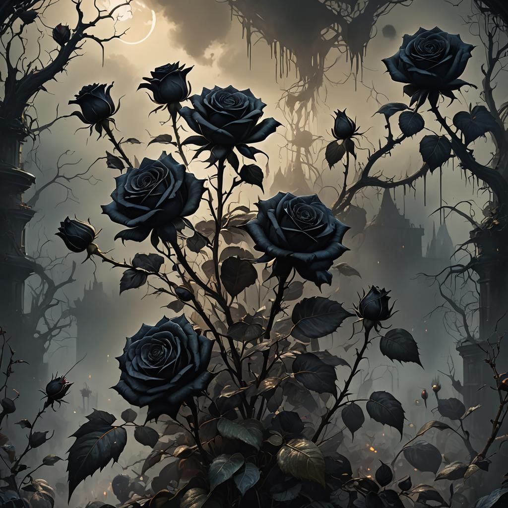 Gothic Painting of Black Roses with Dramatic Lighting