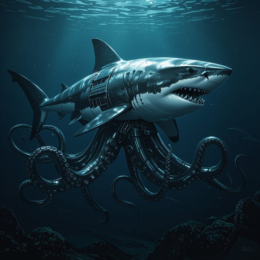 Shark-Octopus Hybrid with Metallic Scales in Abyssal Depths