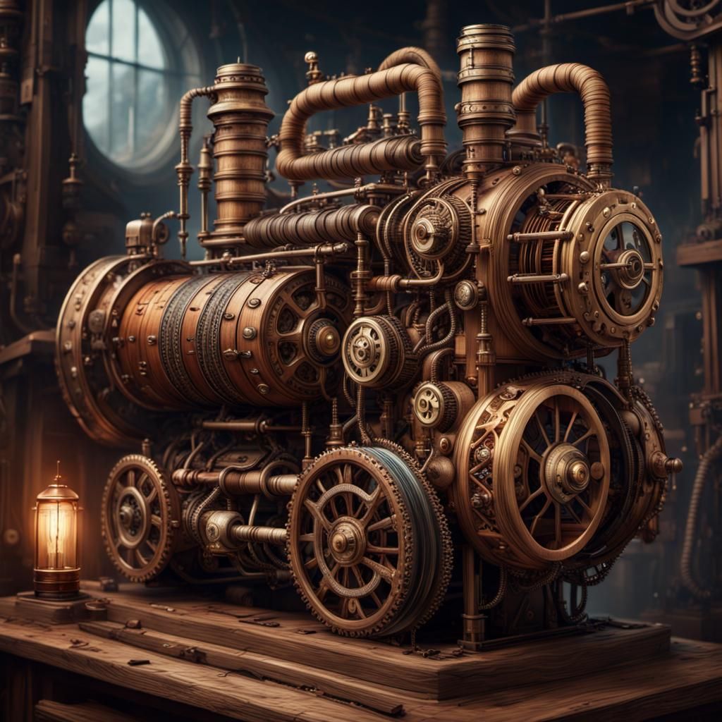 Steampunk Engine with Yarn in Maximalist Style