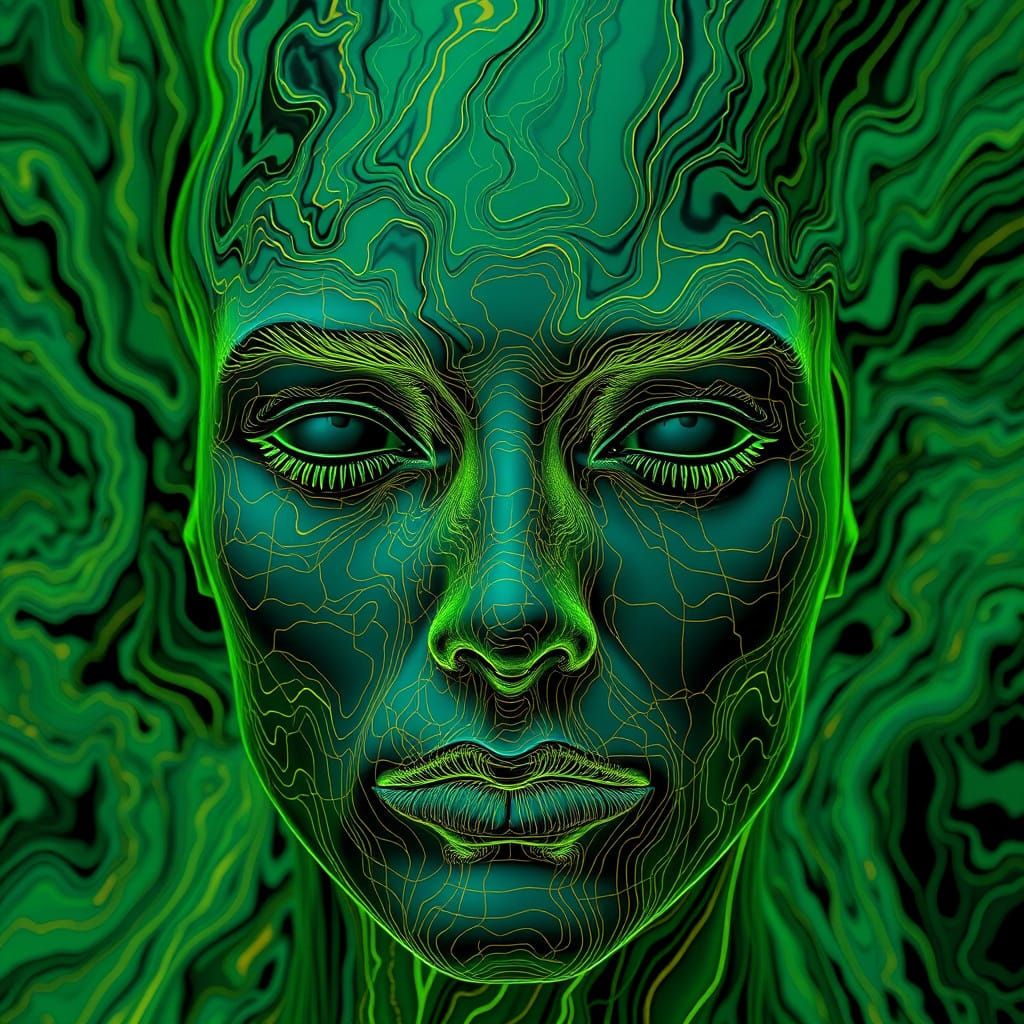 Glowing Oil Spill Lines Adorn a Topographical Face Map