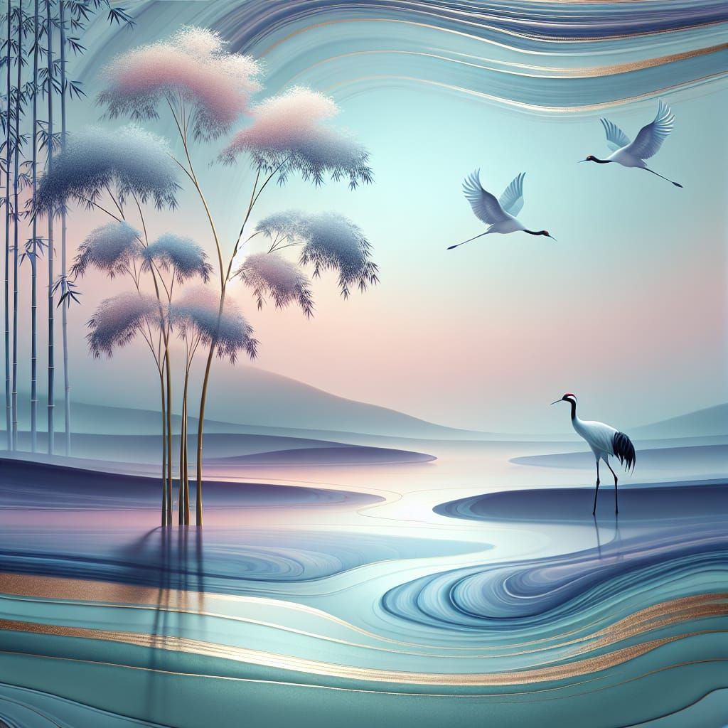 Minimalist Surreal Landscape with Bamboo and Cranes