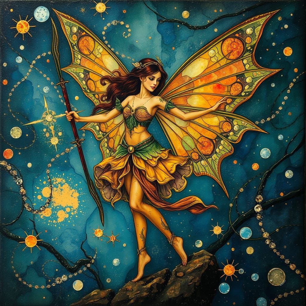 Ethereal Fairy Warrior in Encaustic Wax and Alcohol Ink