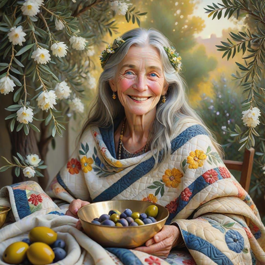 Elderly Woman in Flower Garland, Oil Painting