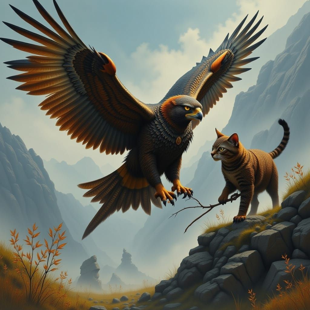 Cat Warrior and Falcon Companion Prepare for Battle