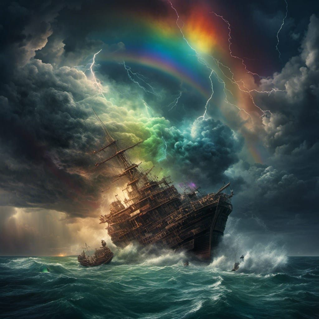 Dramatic Storm Over Sea with Rainbow Light