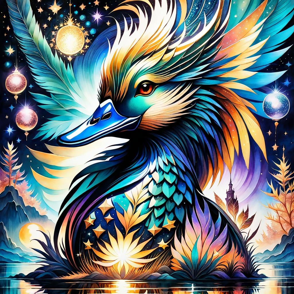 Duck Dragon in Starry Night Fantasy Art