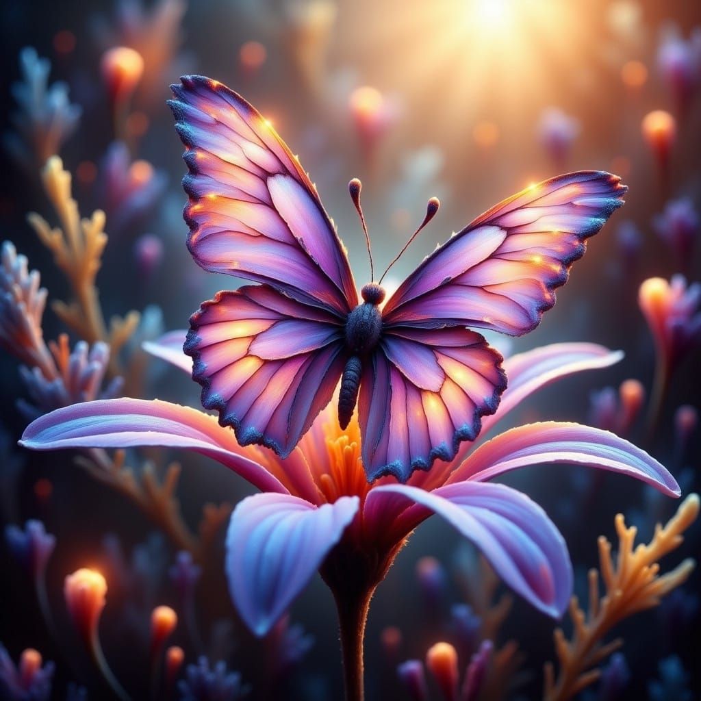 Iridescent Butterfly in Dreamy Morning Landscape