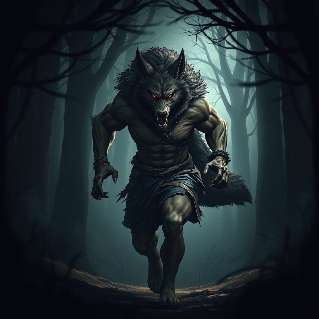 Muscular Anthropomorphic Wolf Runs Through Dark Forest