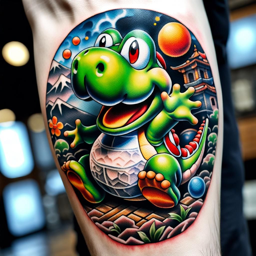 Hyperrealistic Patchwork Tattoo of Yoshi in 8K 3D