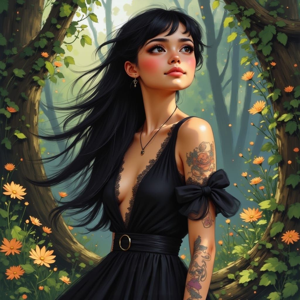 Filipino Goth Girl in Whimsical Forest, Disney Style