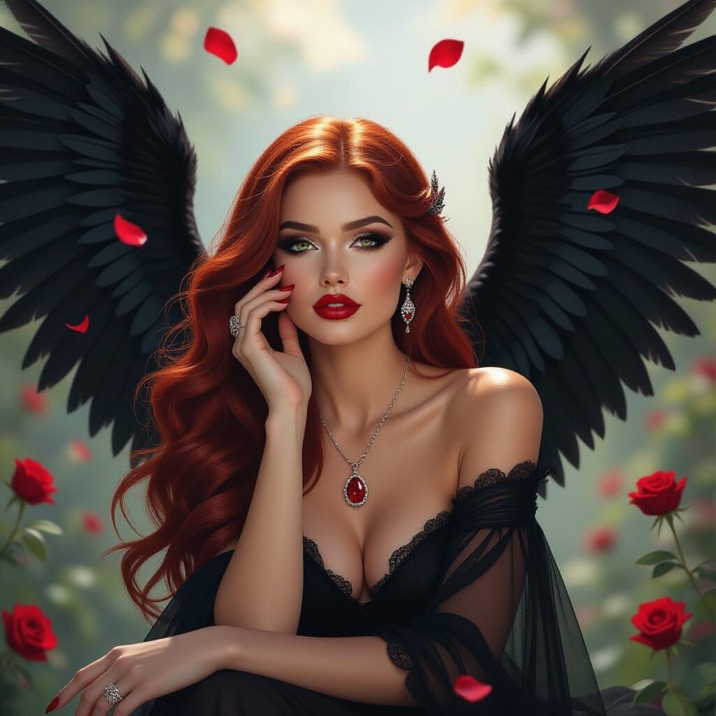 Goddess with Red Hair and Black Wings