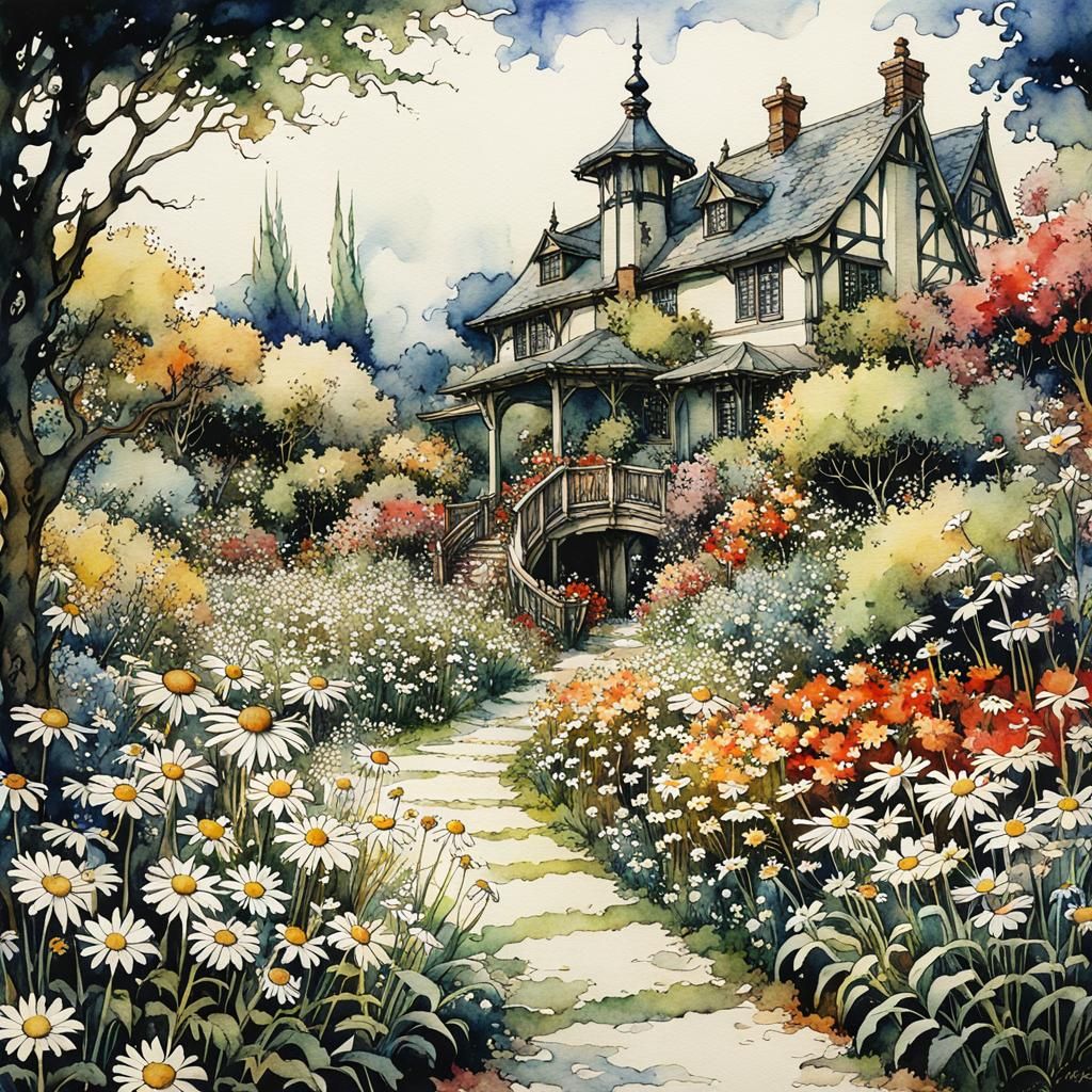 Colorful Daisies in Garden, Watercolor Anime Style