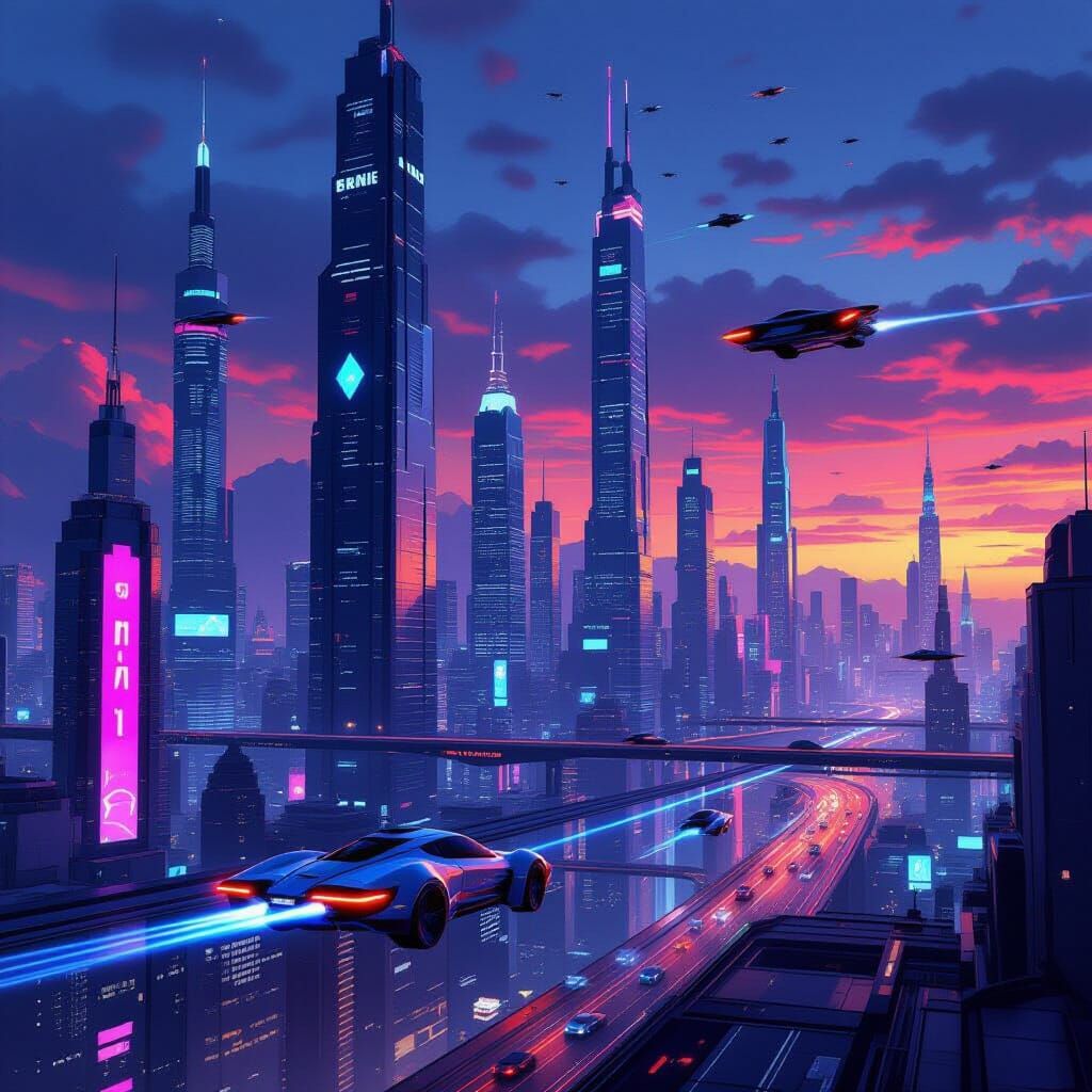 Cyberpunk Cityscape at Dusk with Flying Cars