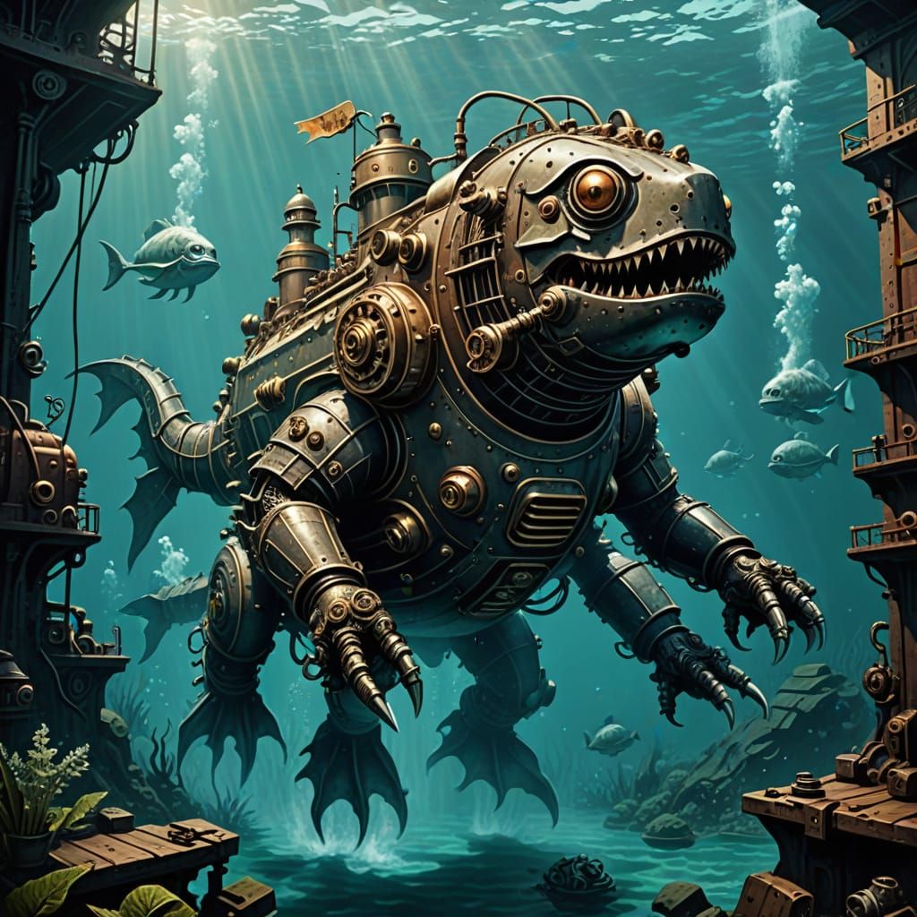 Retro Underwater Kaiju Illustration with Steampunk Engine
