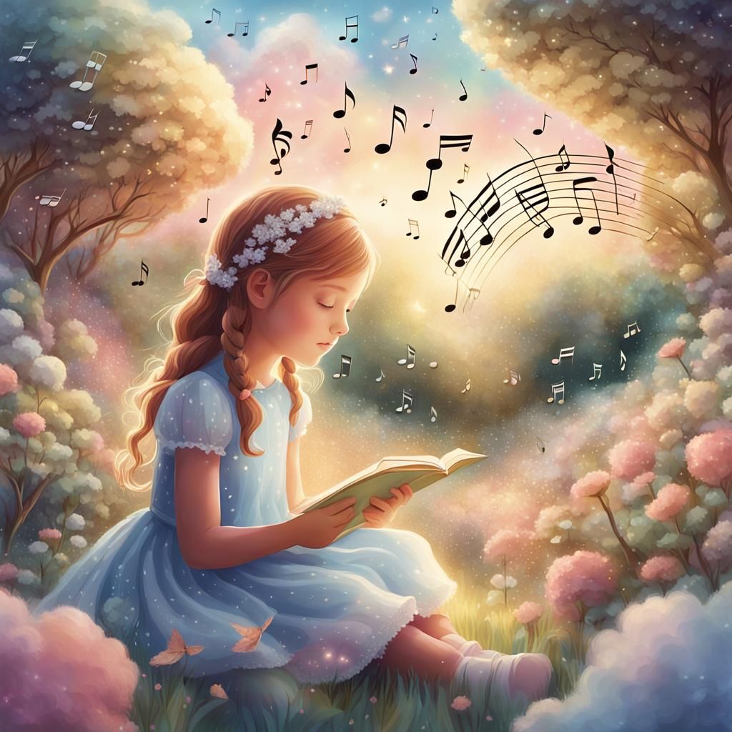 Dreamlike Garden Scene with Sparkling Music Notes