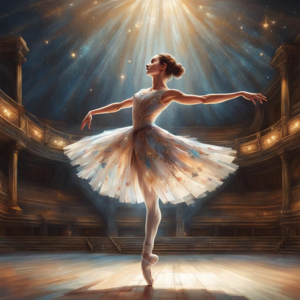 Elegant Ballerina Under Starry Stage, Renaissance Art Style