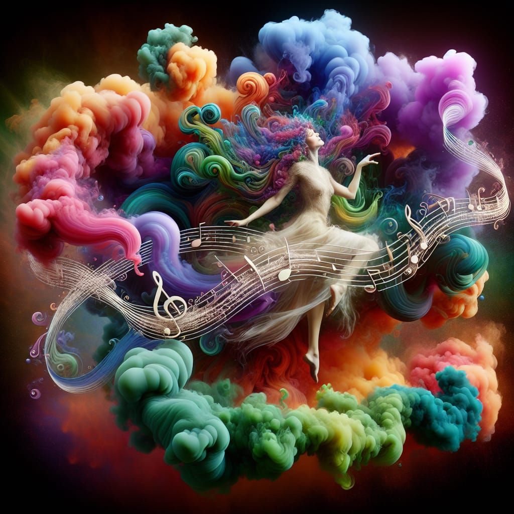 Whimsical Dancer in Colorful Smoke with Musical Staff