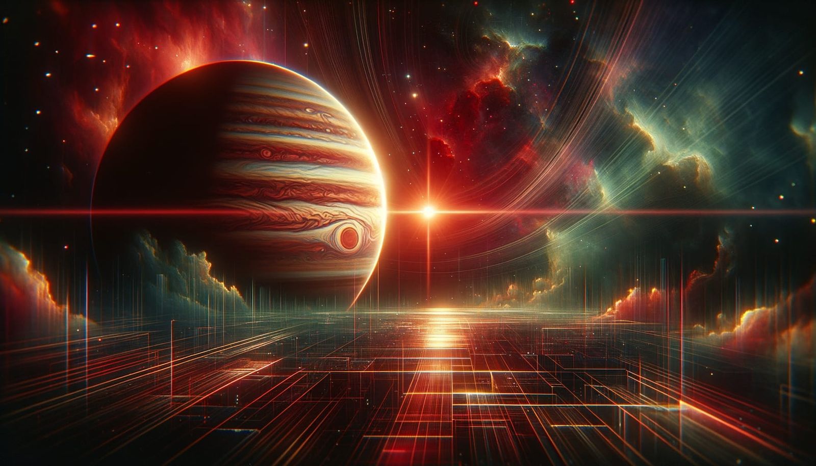 Cosmic Masterpiece: Vibrant Deep Red Star and Super Jupiter