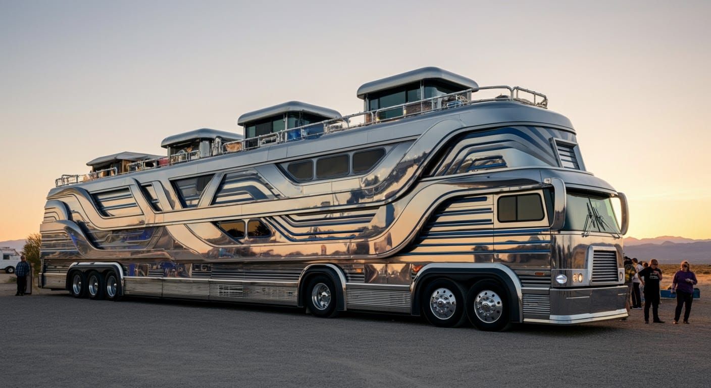 Futuristic RV Parked at Sunset