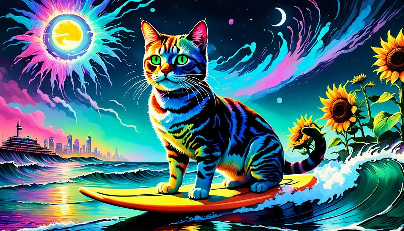 Surreal Cat Surfing Ocean Waves in Cyberpunk Style
