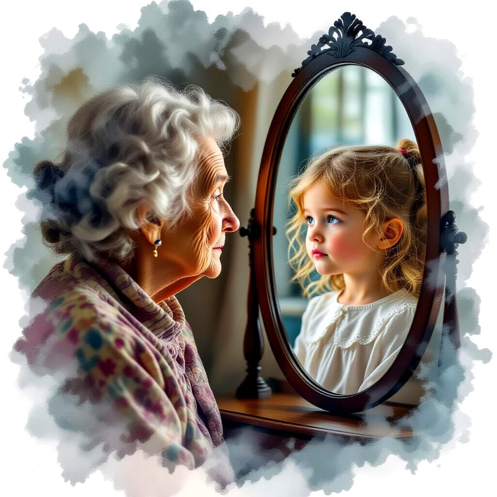 Ethereal Reflection: Elderly Woman and Child in Surreal Doub...