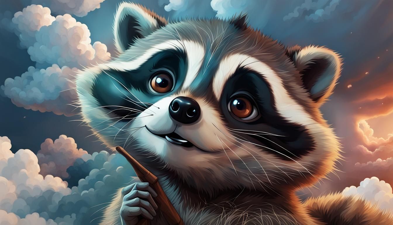 Cute Raccoon Floating in Dreamy Clouds