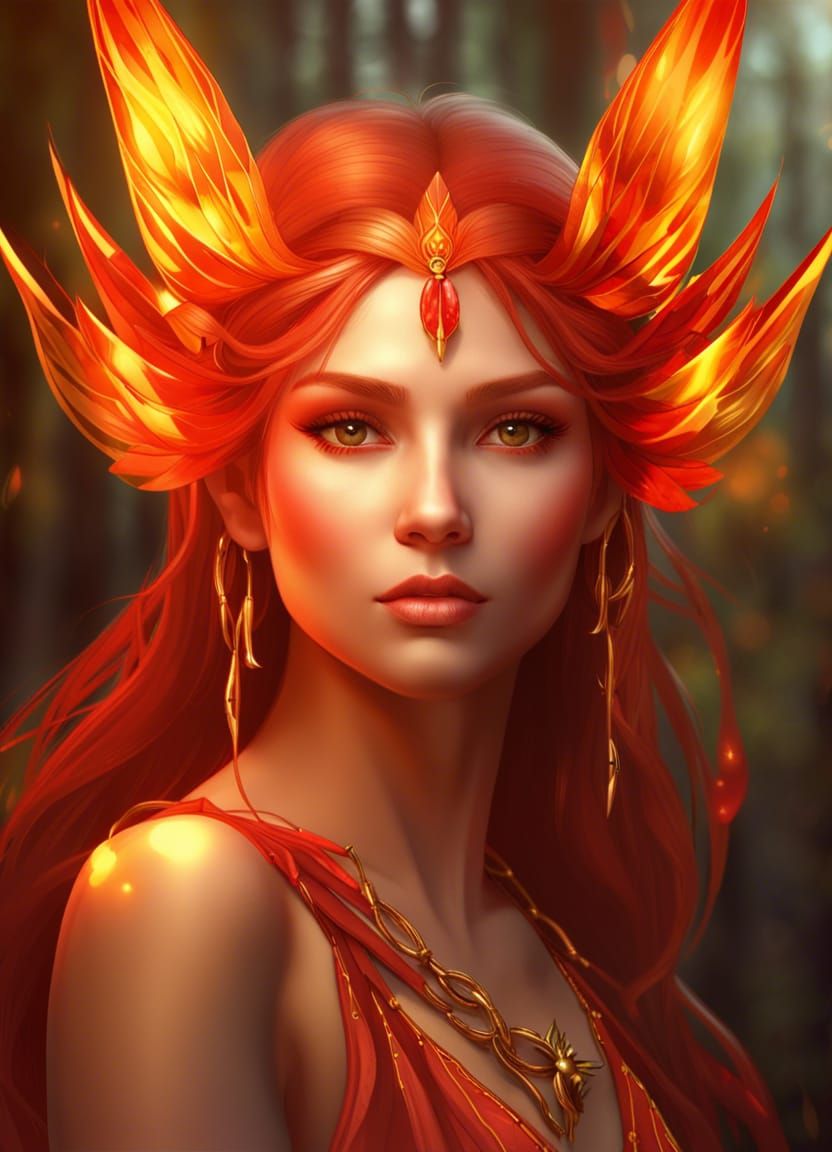 Fire Fairy Portrait in Art Nouveau Style