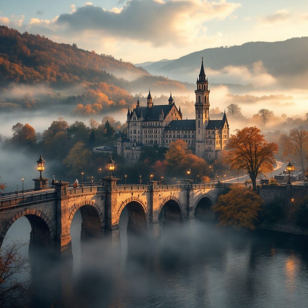 Golden Autumnal Heidelberg City Gate at Serene Neckar River