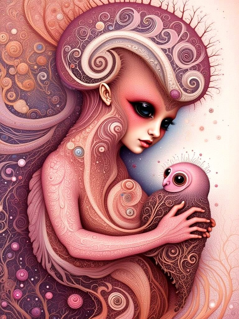 Fractal Owl Goddess Holding Baby Owl