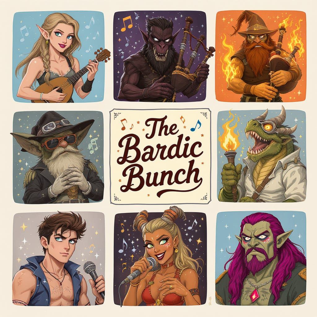The Bardic Bunch: D&D Character Grid Illustration