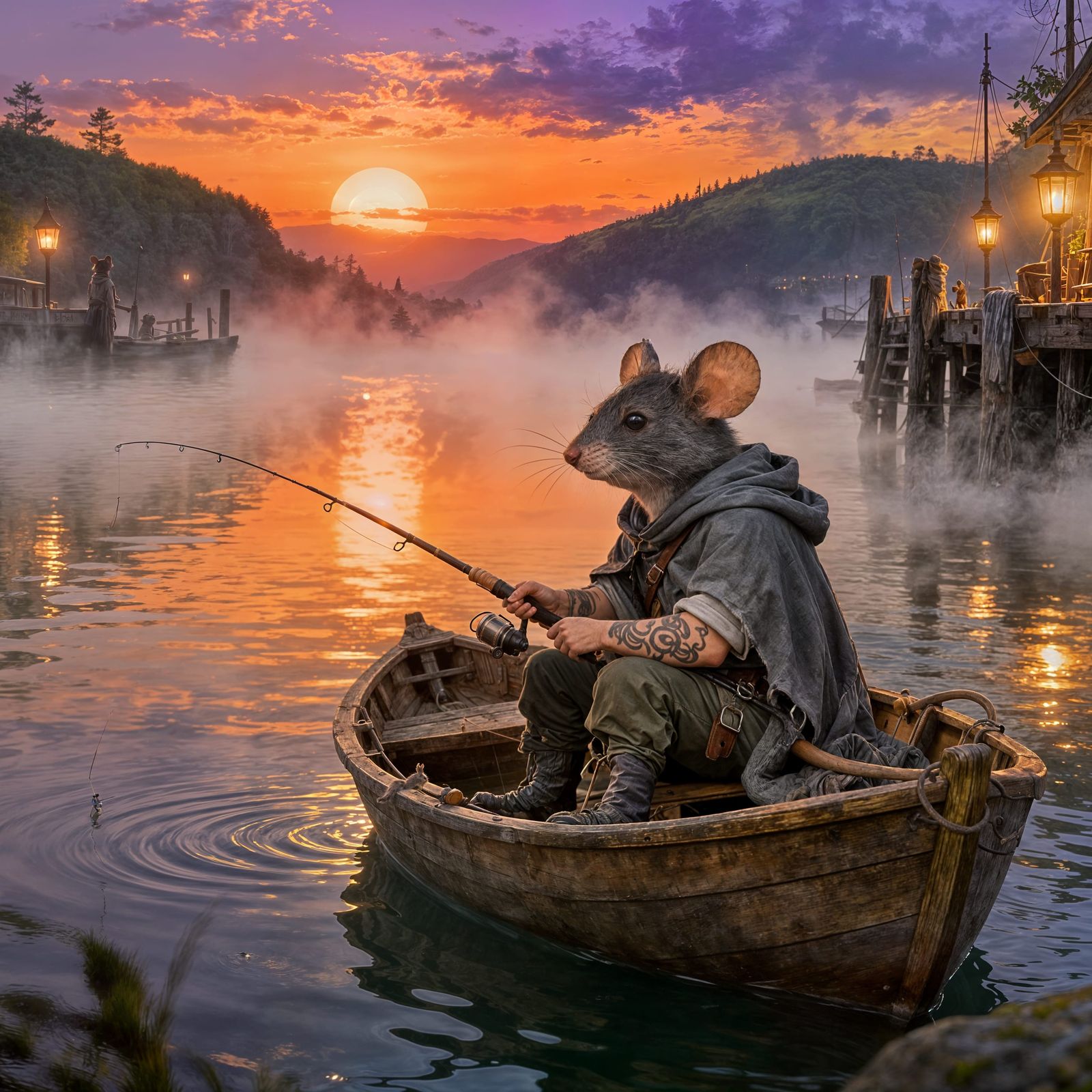 Anthropomorphic Mouse Fishing in Peaceful Harbor Sunset