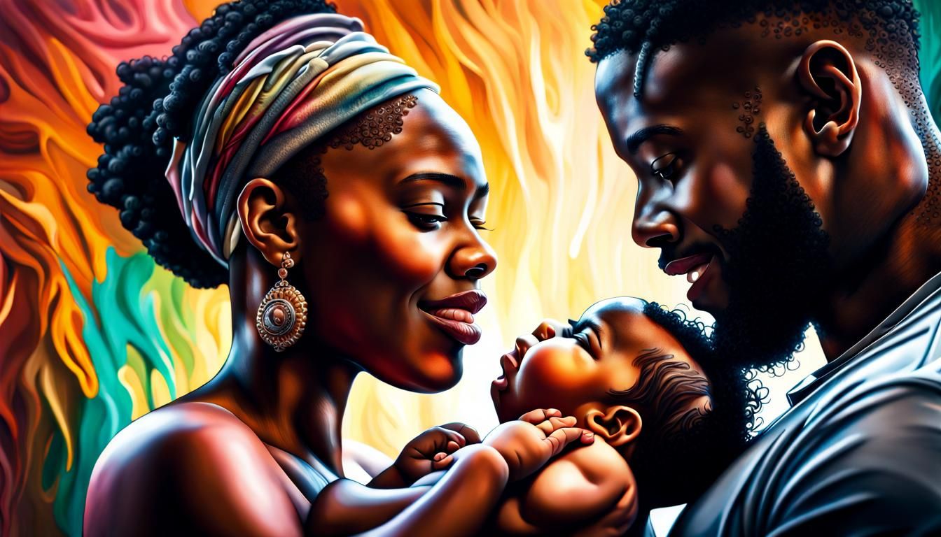 Happy Black Couple with Newborn in Graffiti Art