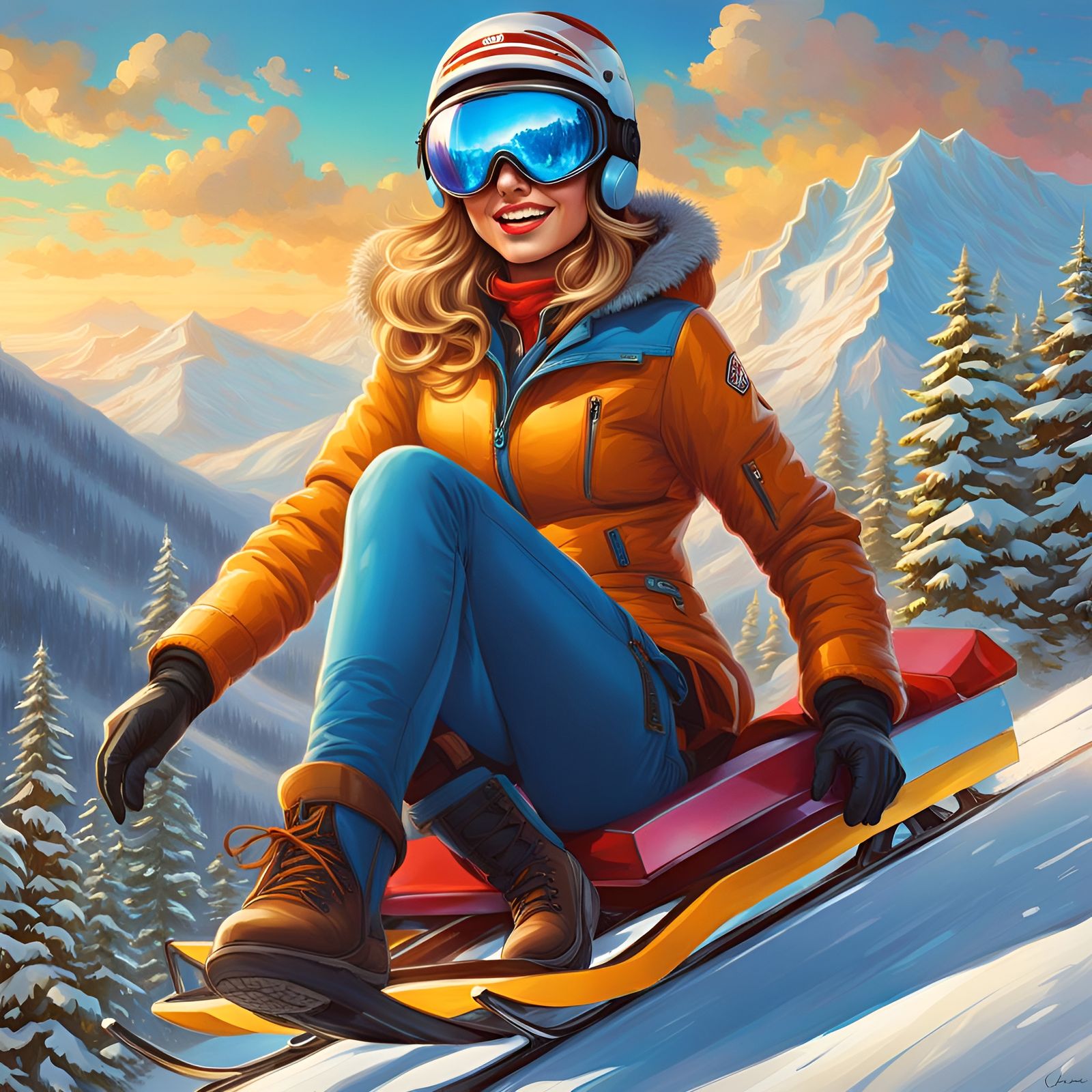 Woman Sledding Down Mountain in Splash Art Style