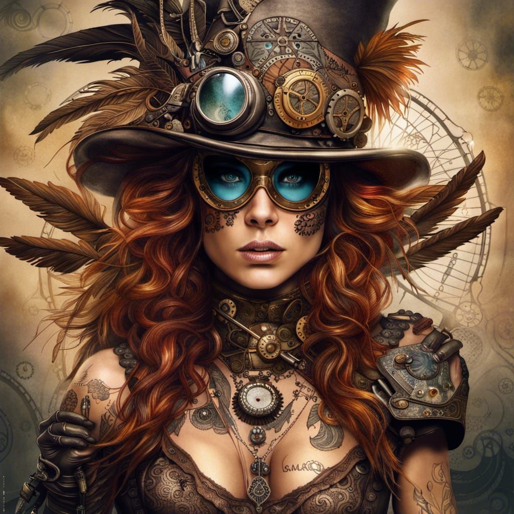 Beautiful Tattooed Steampunk Woman in Copper and Feathers