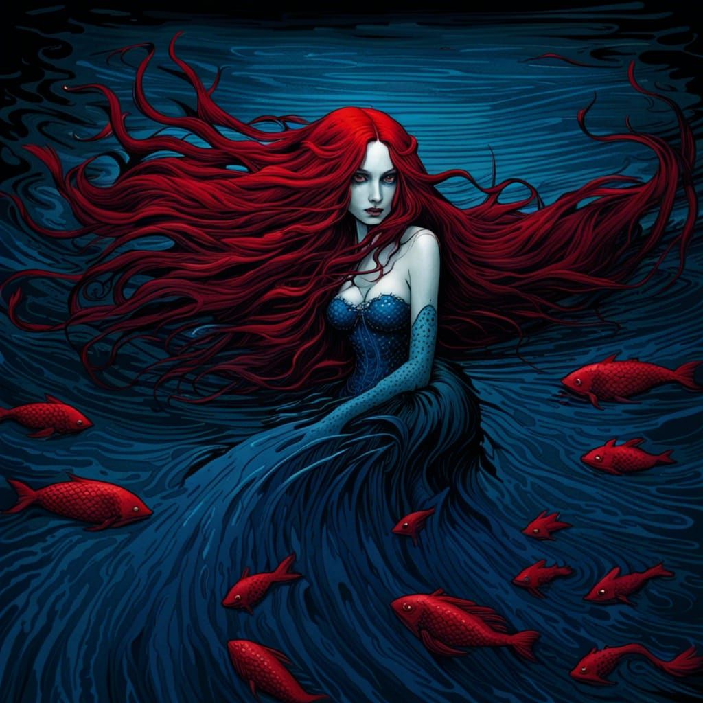 Gothic Mermaid in Dark Blue Lake
