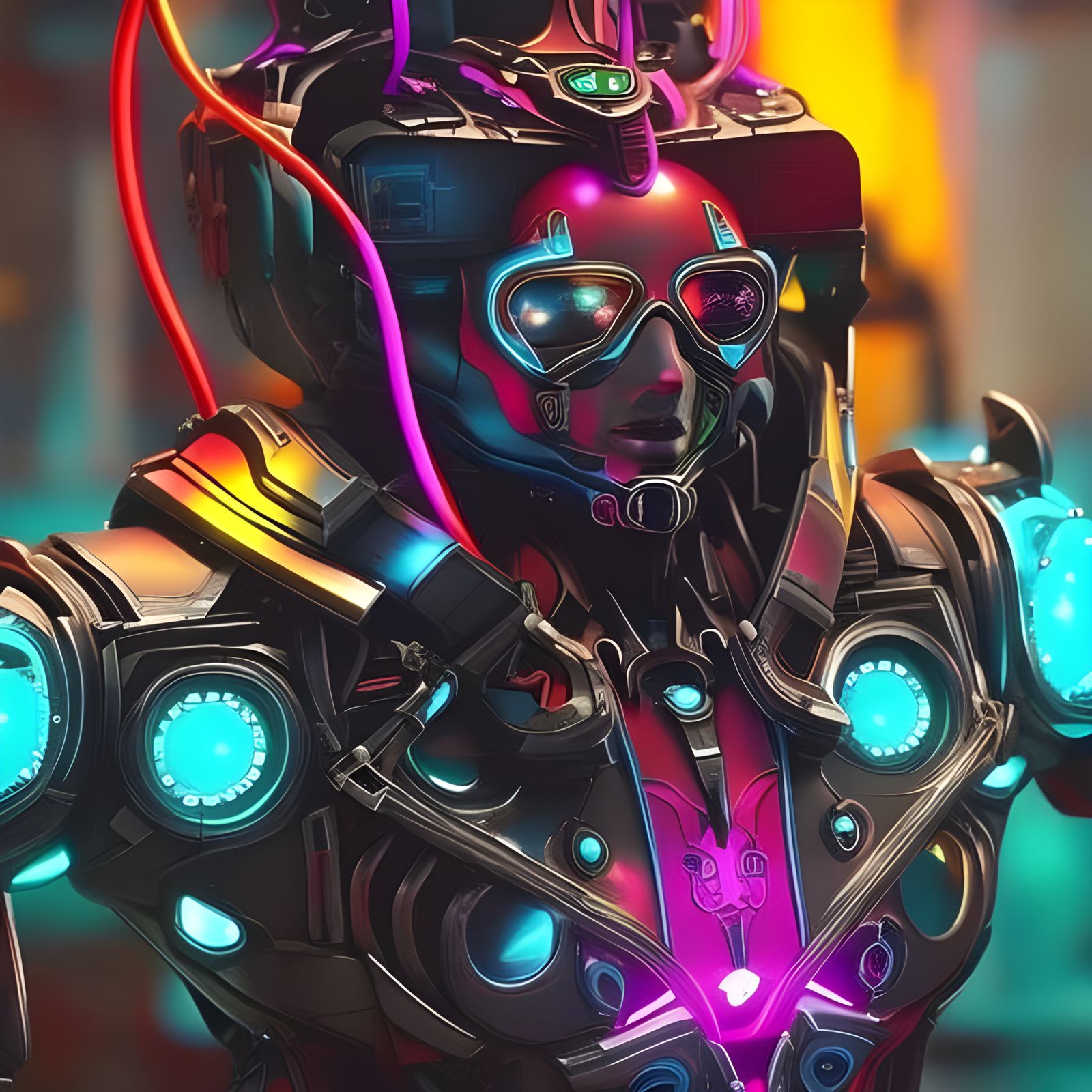 Neon Cyberpunk Cyborg Goddess in Steampunk Style