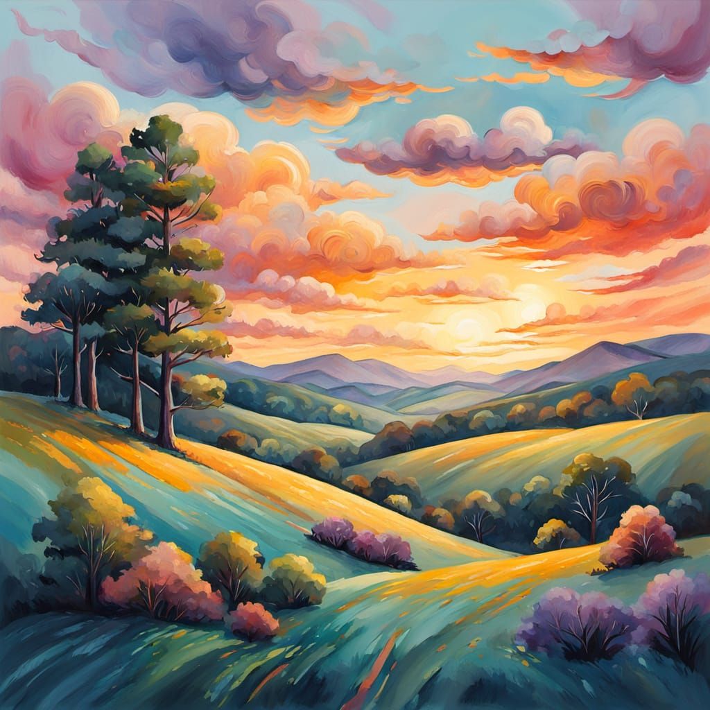 Whimsical Hills and Trees in Gouache Style