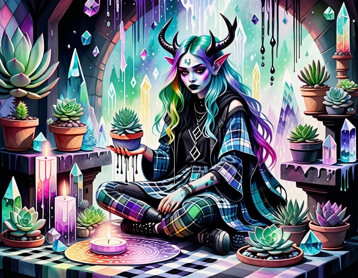 Pastel Goth Demoness with Plaid and Rainbows
