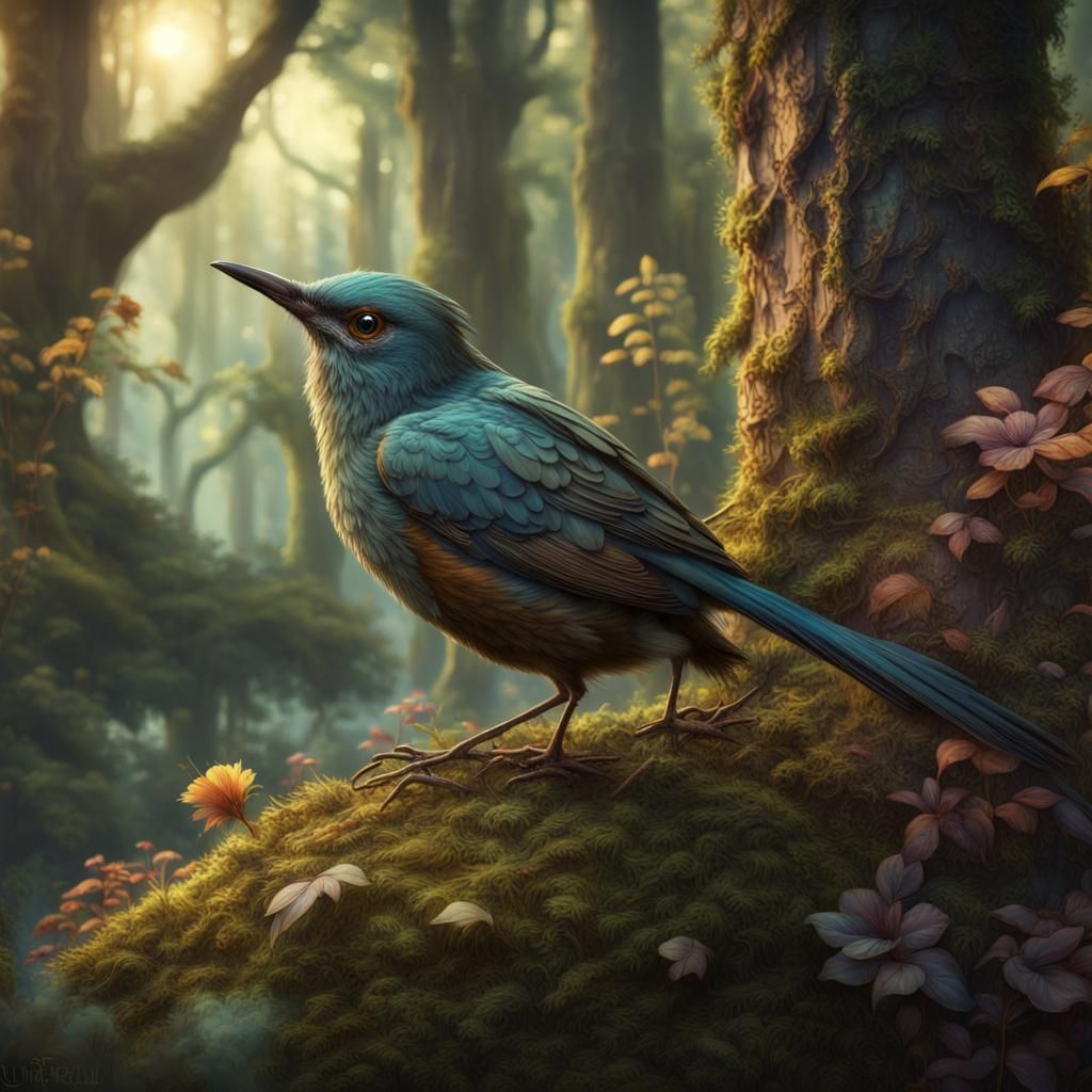 Woodland Bird in Fairy Forest, Edith Holden Style