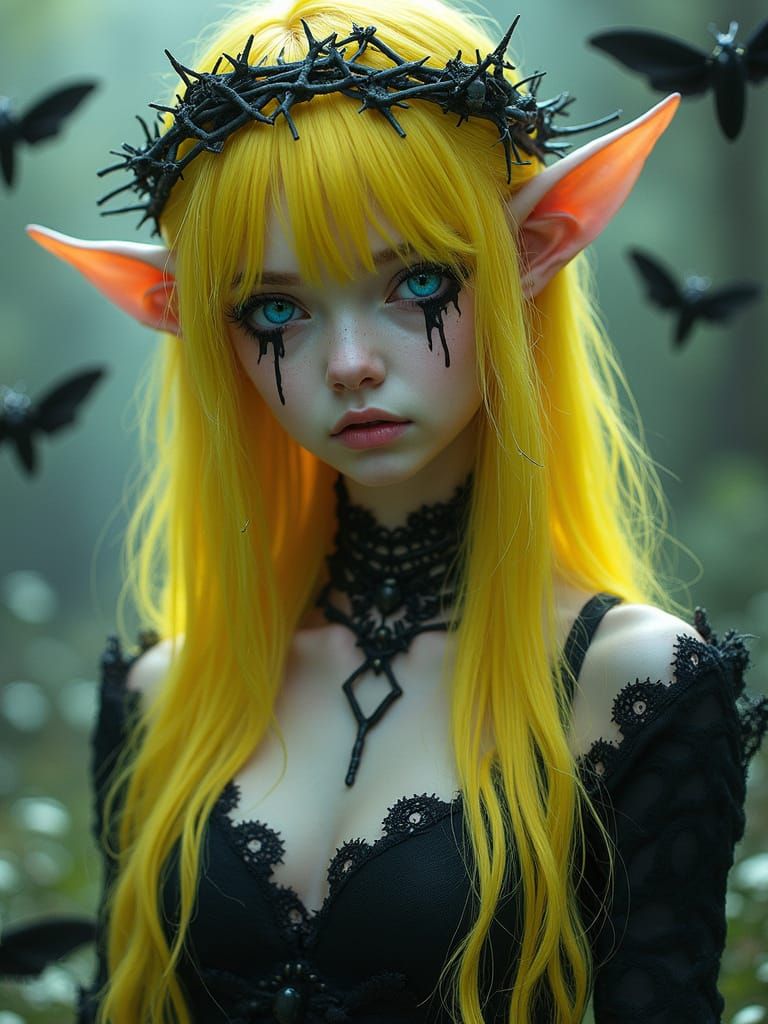 Eerie Elf Priestess with Moths, in Vibrant Digital Art
