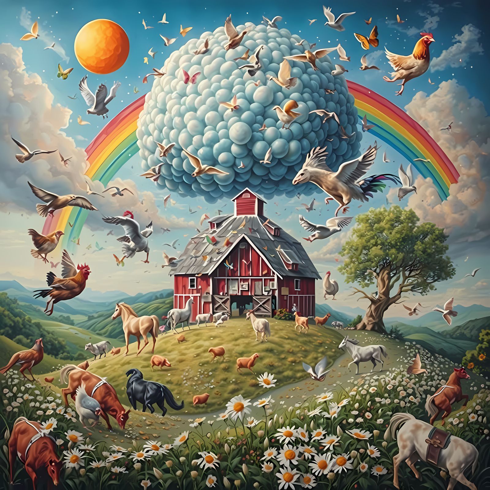 Surreal Barnyard Scene with Rainbow and Animals