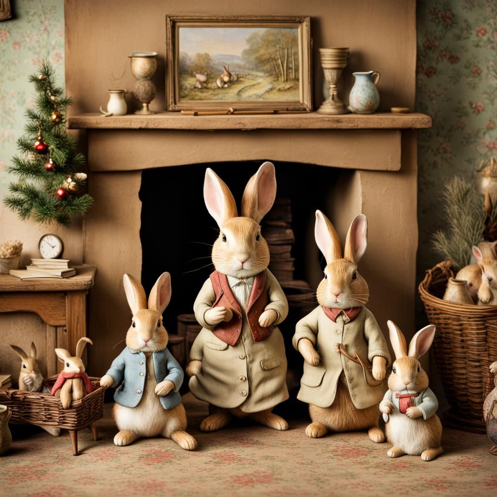 Beatrix Potter Style Rabbit Family Christmas