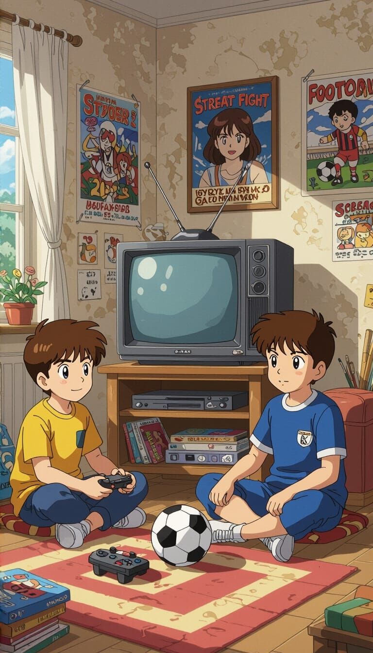 Kids Playing Video Games in 90s Anime Room
